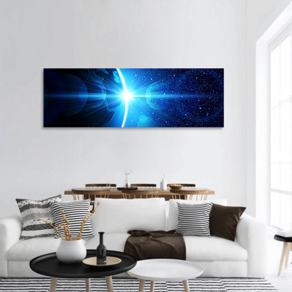Planet earth with sunrise in space. Vector space background panoramic canvas wall art