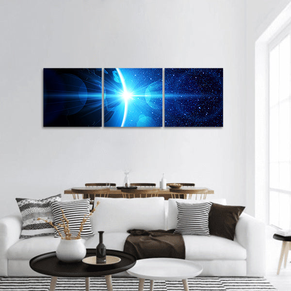 Planet earth with sunrise in space. Vector space background panoramic canvas wall art