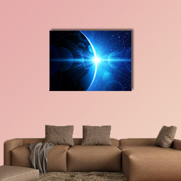 Planet earth with sunrise in space multi panel canvas wall art