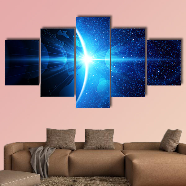 Planet earth with sunrise in space multi panel canvas wall art
