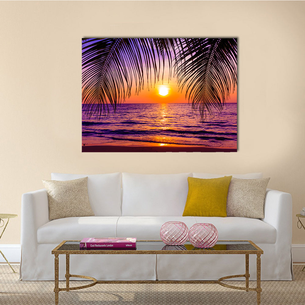 A Beautiful Sunset Over The Tropical Palm Trees Island Multi Panel Canvas Wall Art