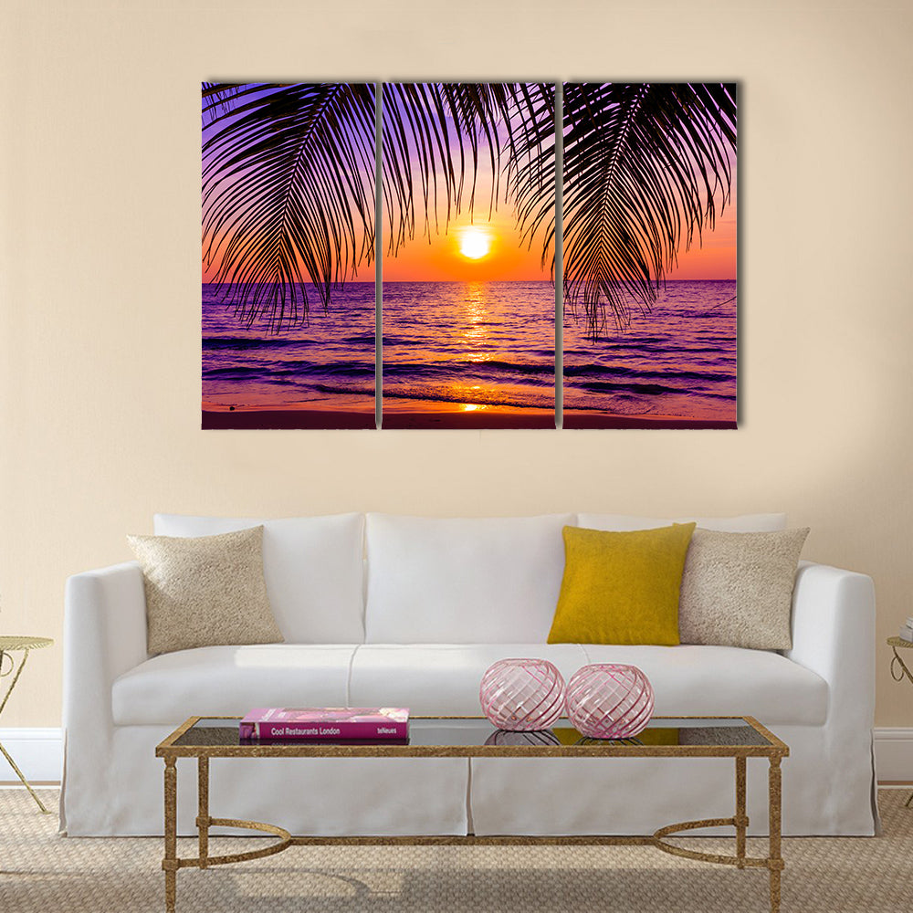 A Beautiful Sunset Over The Tropical Palm Trees Island Multi Panel Canvas Wall Art