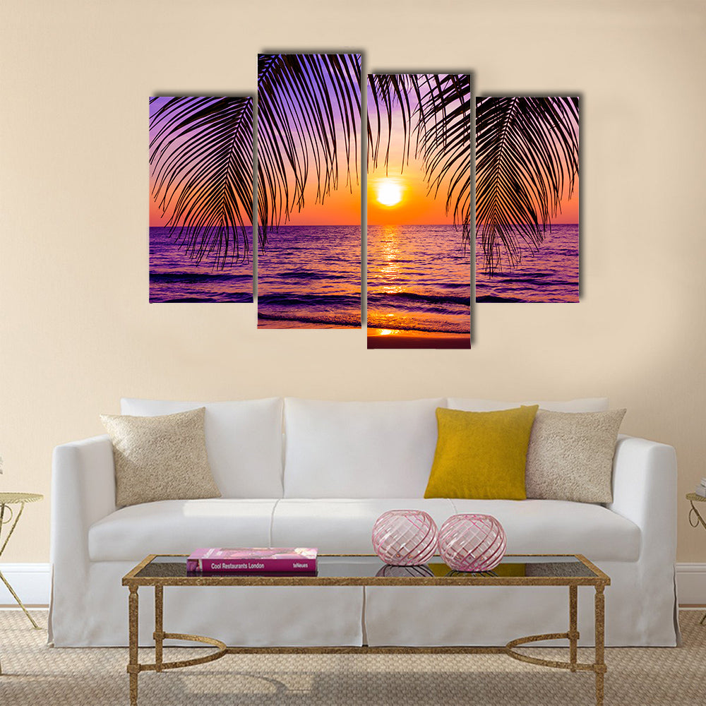 A Beautiful Sunset Over The Tropical Palm Trees Island Multi Panel Canvas Wall Art