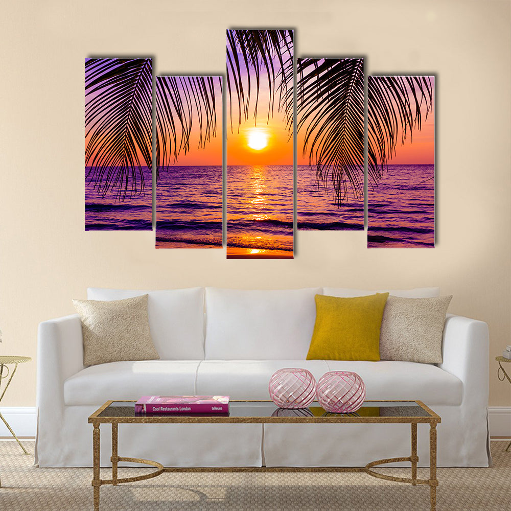 A Beautiful Sunset Over The Tropical Palm Trees Island Multi Panel Canvas Wall Art