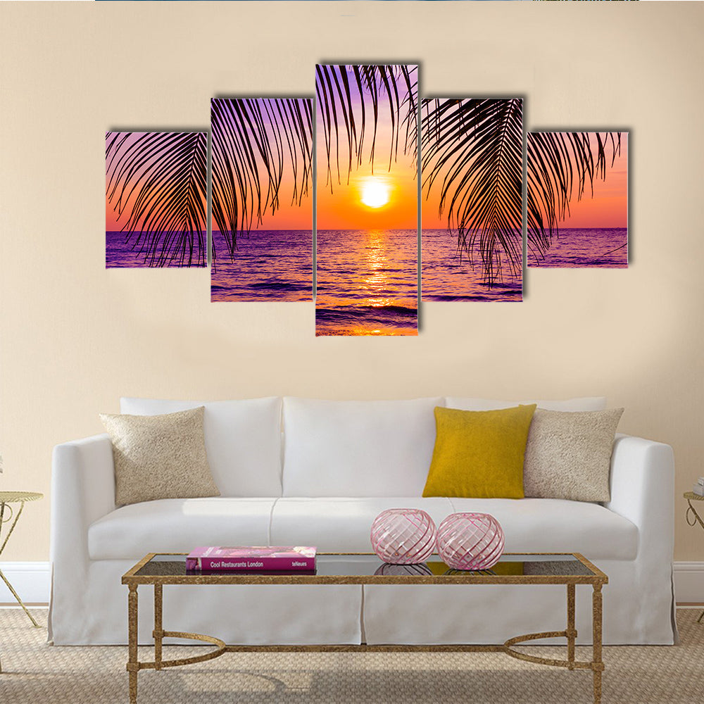 A Beautiful Sunset Over The Tropical Palm Trees Island Multi Panel Canvas Wall Art
