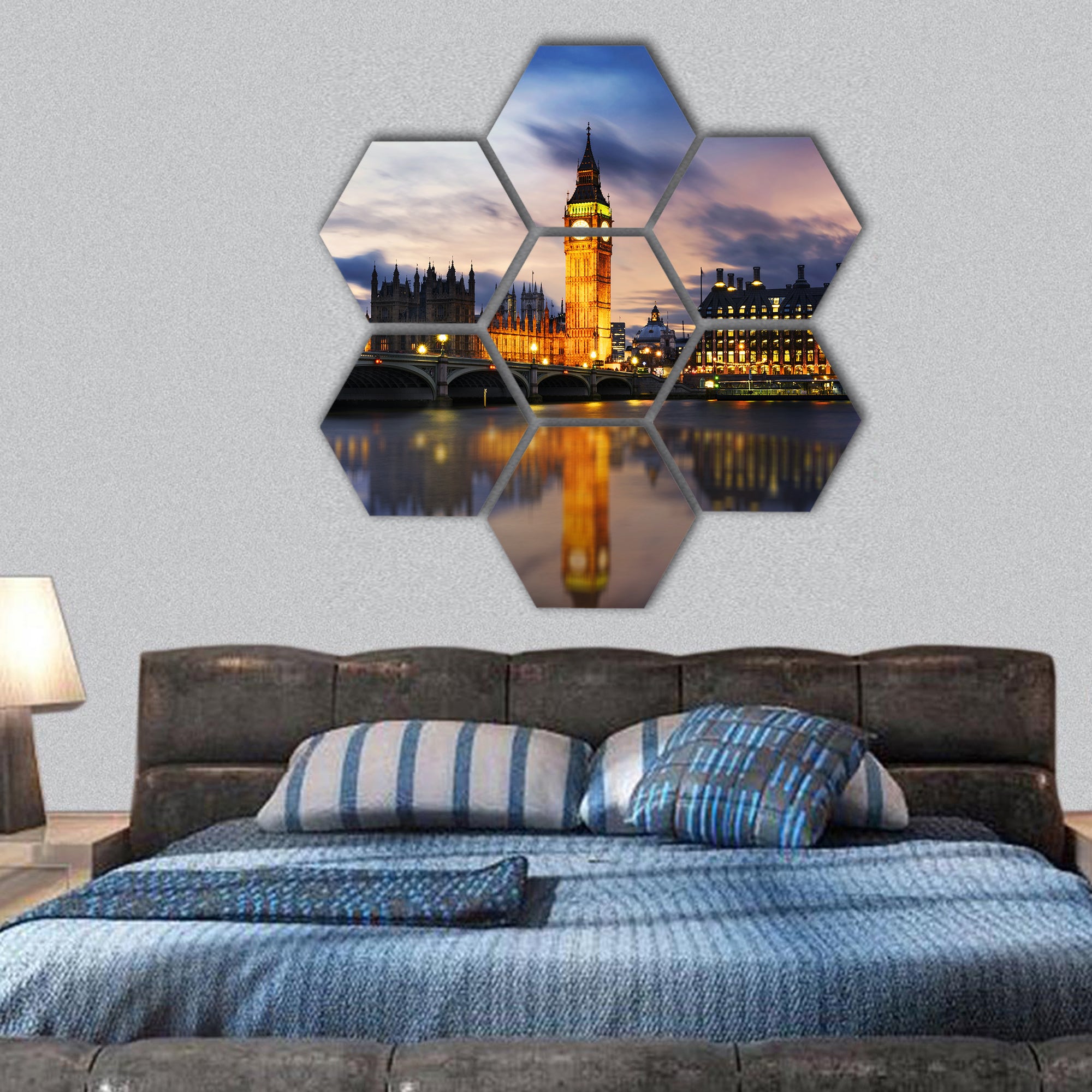 Big Ben and Houses of parliament at dusk, London, UK hexagonal canvas wall art