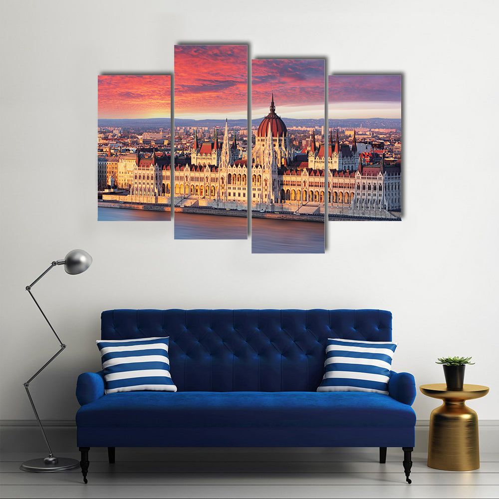 Budapest parliament at dramatic sunrise Multi Panel Canvas Wall Art