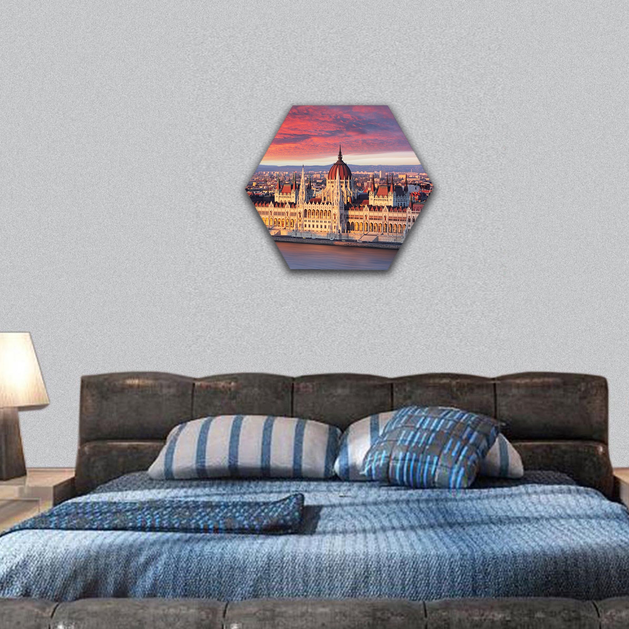 Budapest parliament at dramatic sunrise hexagonal canvas wall art