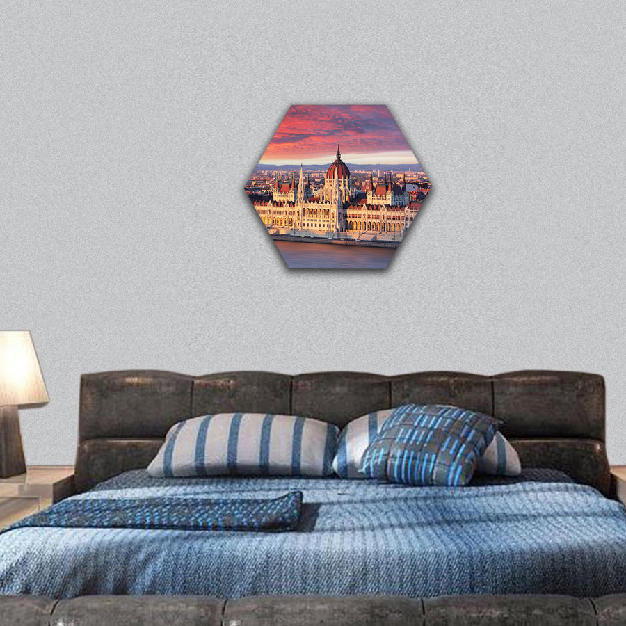 Budapest parliament at dramatic sunrise hexagonal canvas wall art