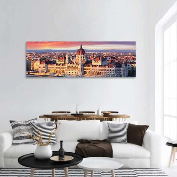 Budapest parliament at dramatic sunrise panoramic canvas wall art