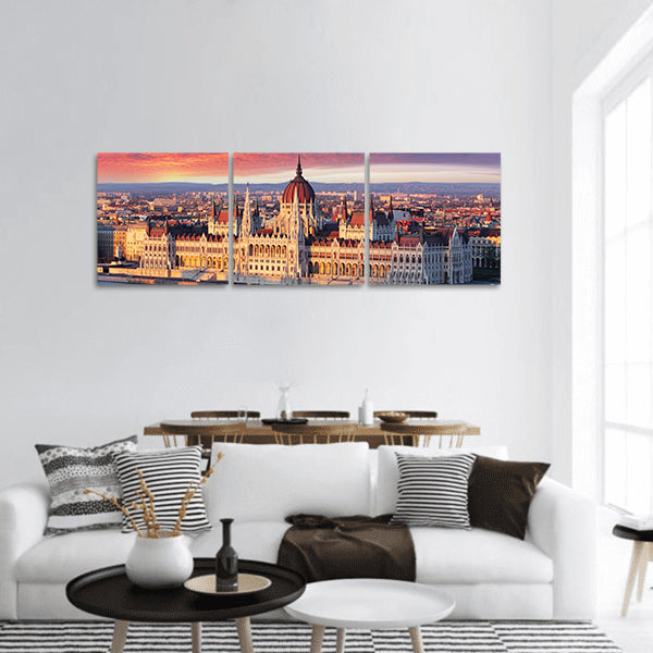 Budapest parliament at dramatic sunrise panoramic canvas wall art