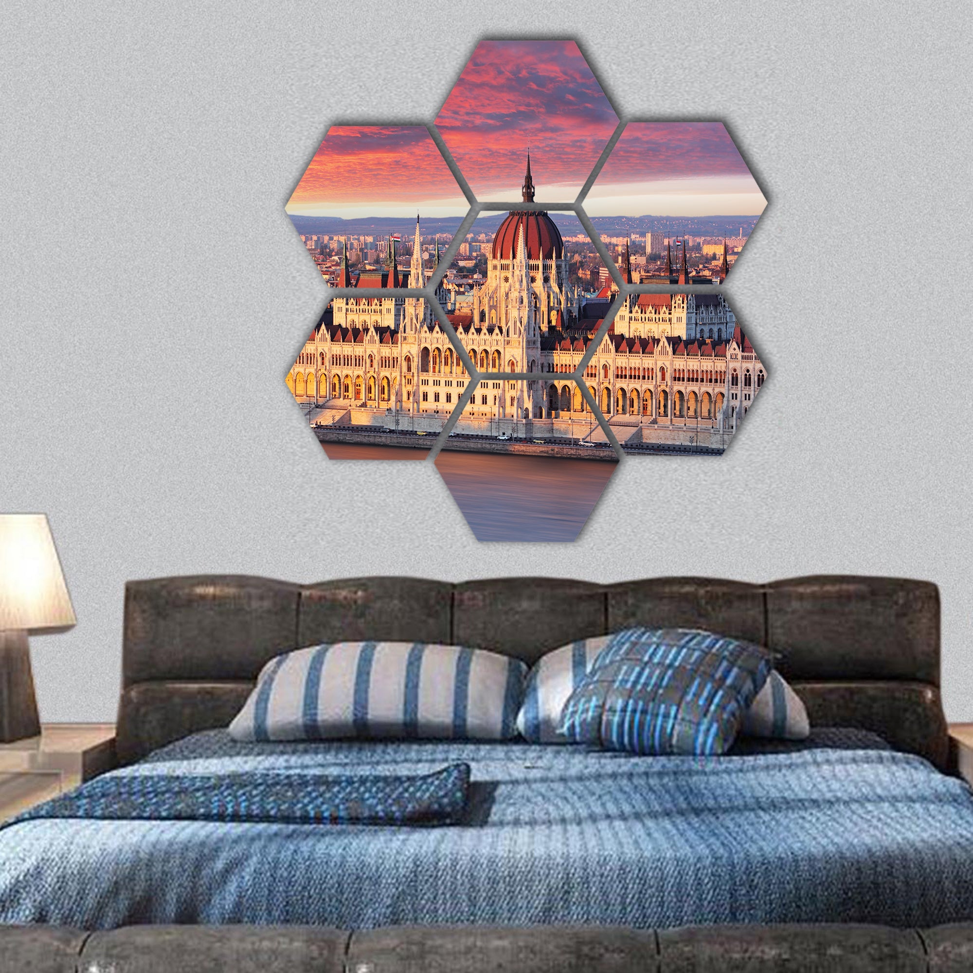 Budapest parliament at dramatic sunrise hexagonal canvas wall art