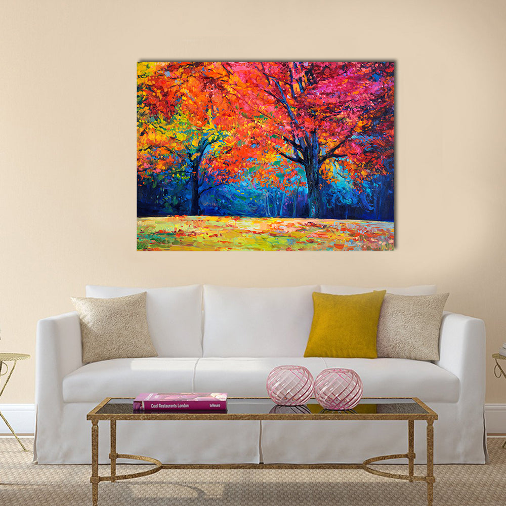 Original oil painting showing beautiful Autumn forest on canvas Multi Panel Canvas Wall Art