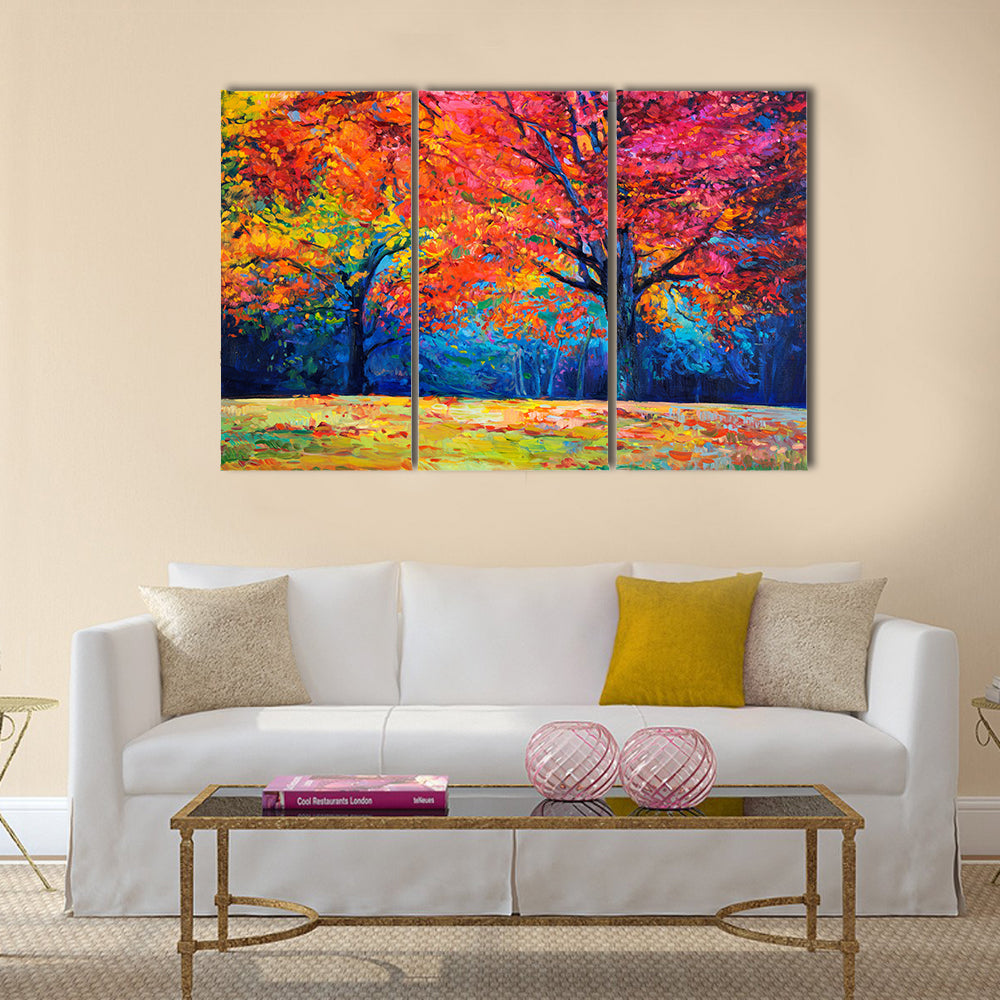 Original oil painting showing beautiful Autumn forest on canvas Multi Panel Canvas Wall Art