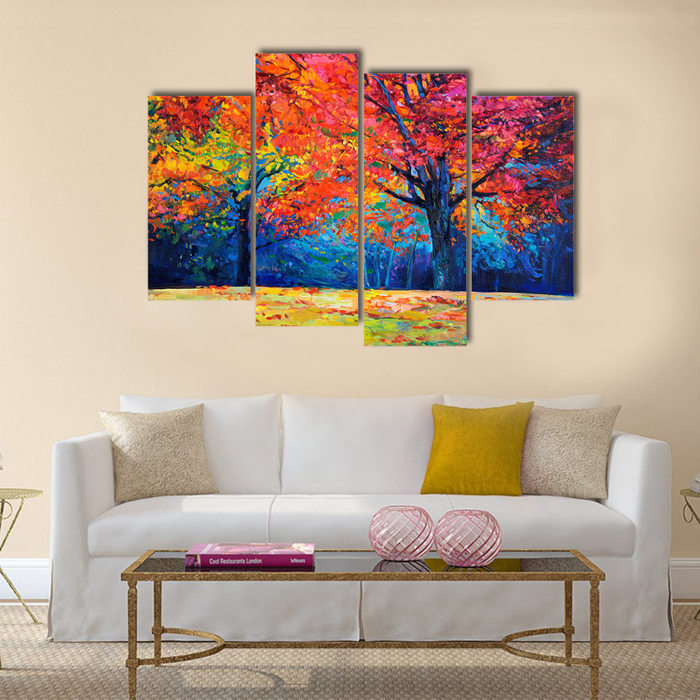 Original oil painting showing beautiful Autumn forest on canvas Multi Panel Canvas Wall Art