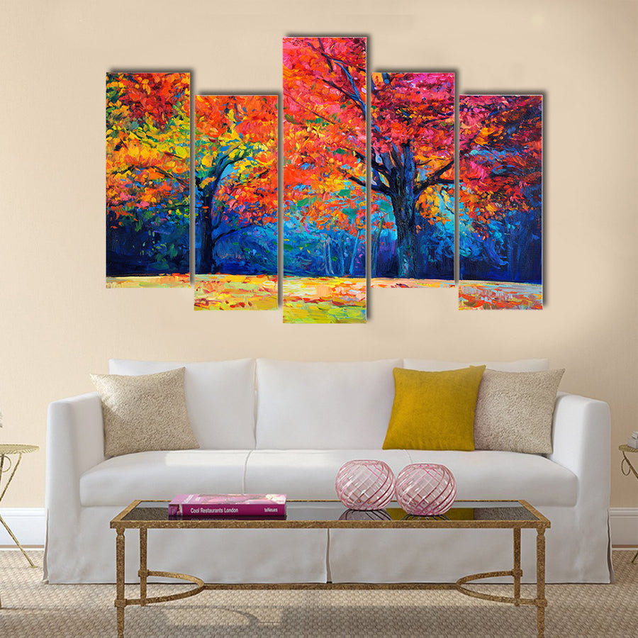 Original oil painting showing beautiful Autumn forest on canvas Multi Panel Canvas Wall Art