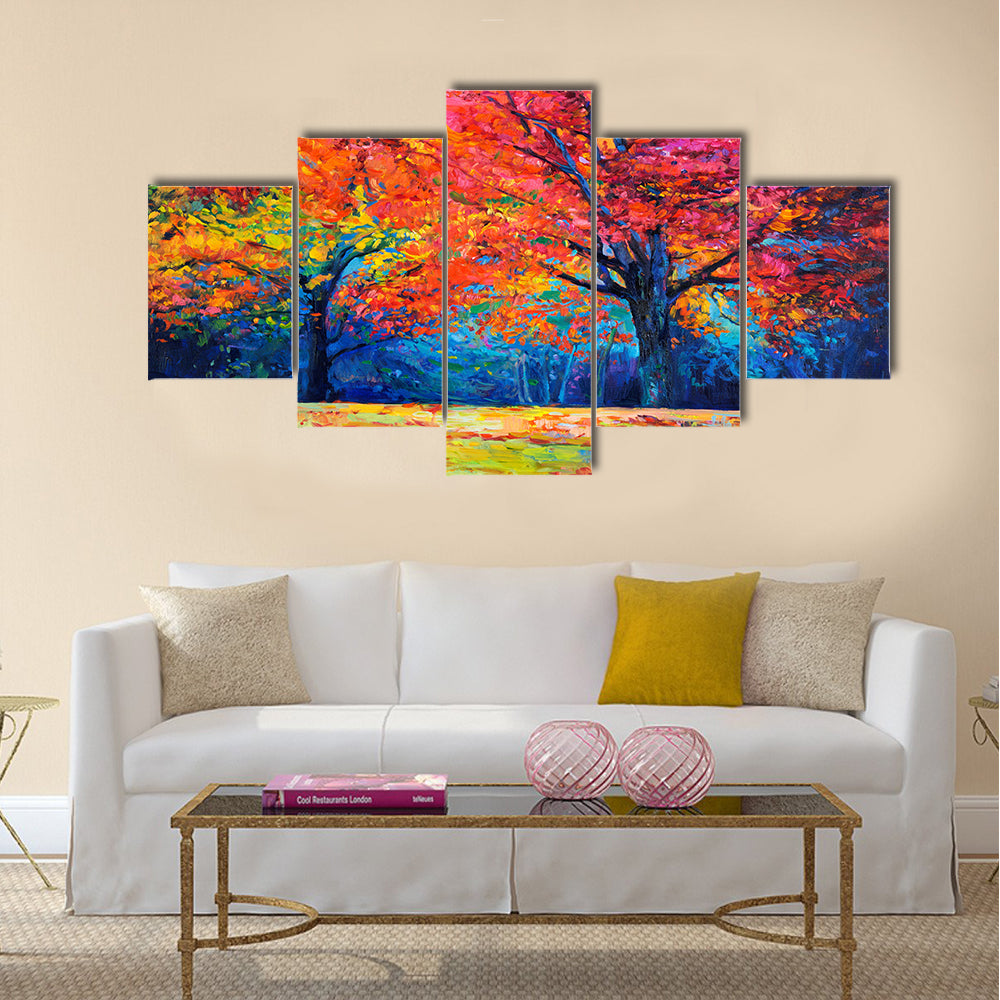Original oil painting showing beautiful Autumn forest on canvas Multi Panel Canvas Wall Art