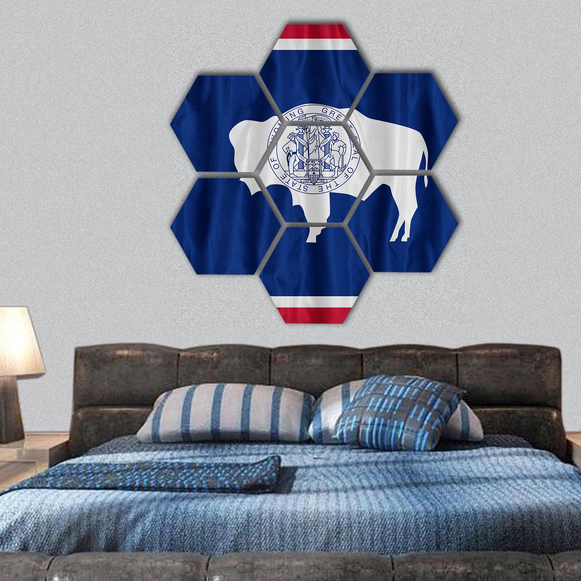 Wyoming flag pattern with a peace on fabric texture hexagonal canvas wall art