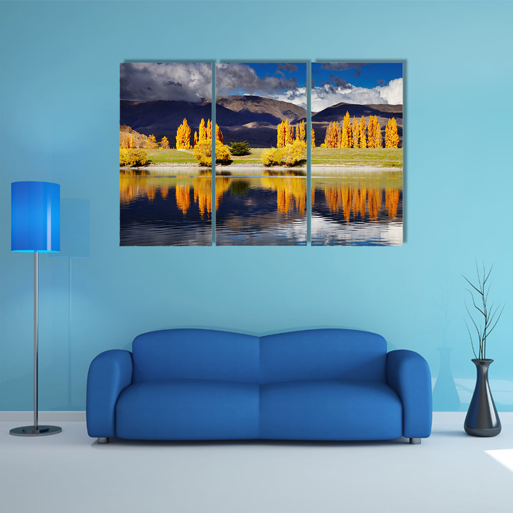 Mountain Landscape In Autumn Colors In Lake Benmore New Zealand Multi Panel Canvas Wall Art