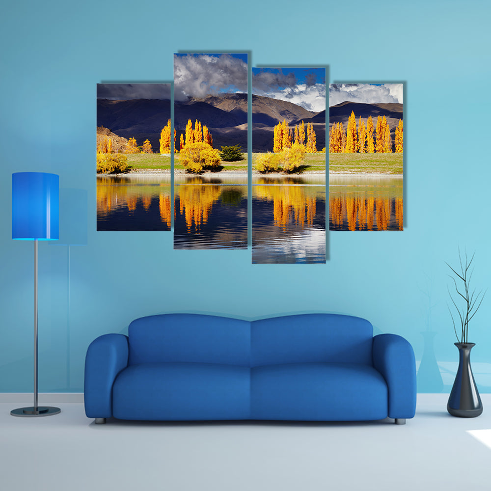 Mountain Landscape In Autumn Colors In Lake Benmore New Zealand Multi Panel Canvas Wall Art