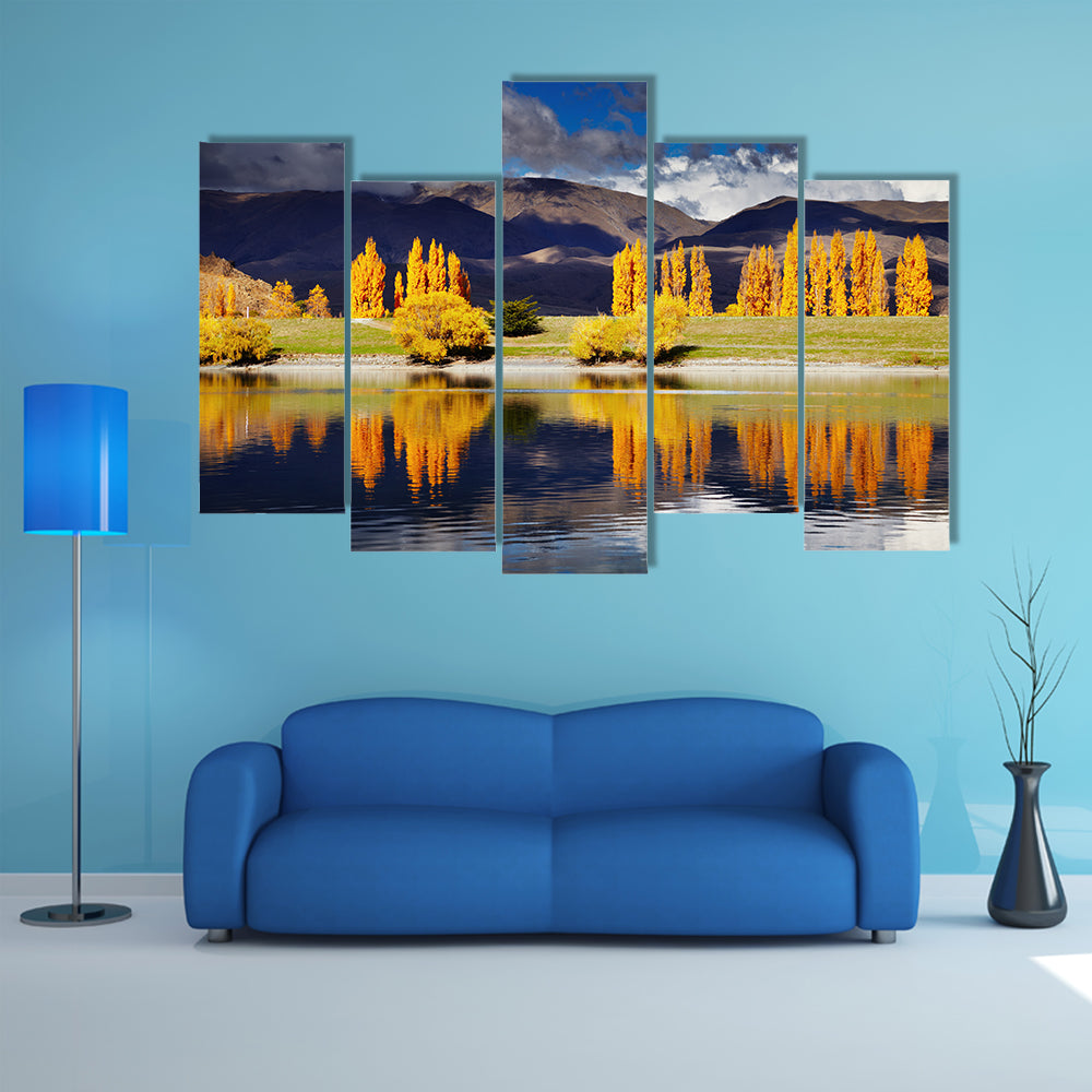 Mountain Landscape In Autumn Colors In Lake Benmore New Zealand Multi Panel Canvas Wall Art