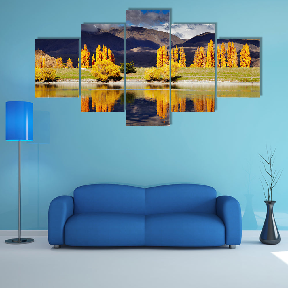 Mountain Landscape In Autumn Colors In Lake Benmore New Zealand Multi Panel Canvas Wall Art