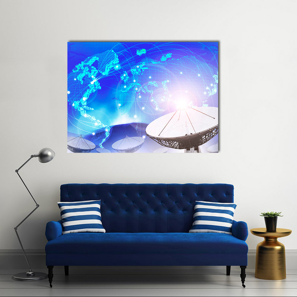 Dish Satellite On A Multi-Purpose Backdrop of World Connecting With Technology Multi Panel Canvas Wall Art