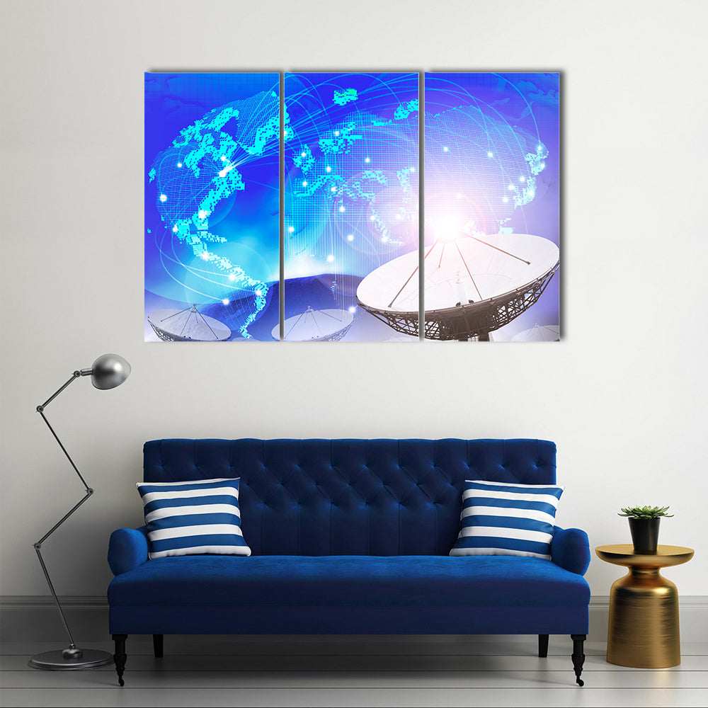 Dish Satellite On A Multi-Purpose Backdrop of World Connecting With Technology Multi Panel Canvas Wall Art