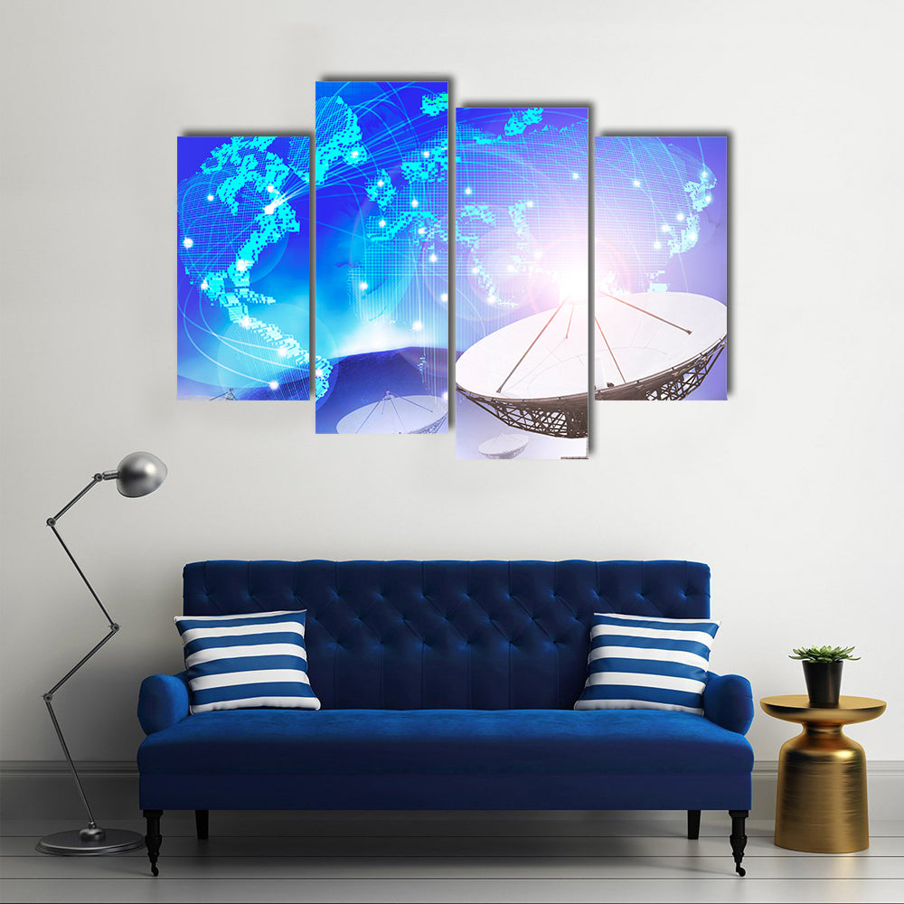 Dish Satellite On A Multi-Purpose Backdrop of World Connecting With Technology Multi Panel Canvas Wall Art