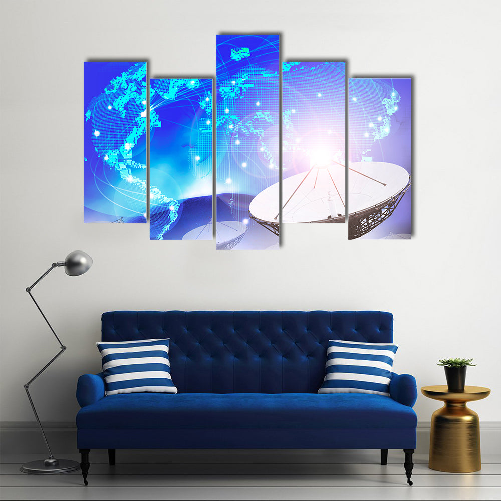 Dish Satellite On A Multi-Purpose Backdrop of World Connecting With Technology Multi Panel Canvas Wall Art
