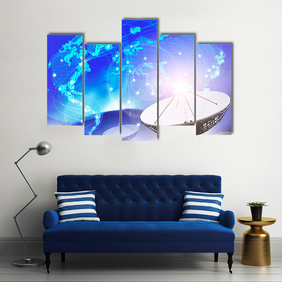 Dish Satellite On A Multi-Purpose Backdrop of World Connecting With Technology Multi Panel Canvas Wall Art