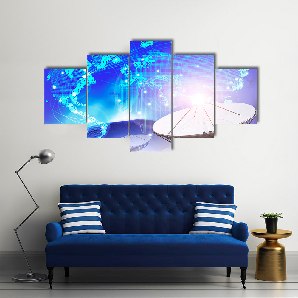 Dish Satellite On A Multi-Purpose Backdrop of World Connecting With Technology Multi Panel Canvas Wall Art