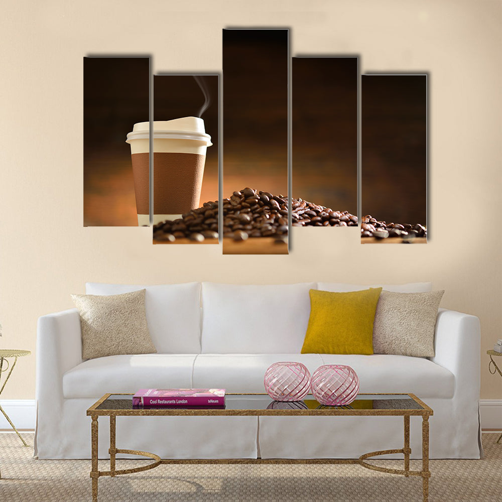 Paper cup of coffee with smoke and coffee beans Multi Panel Canvas Wall Art