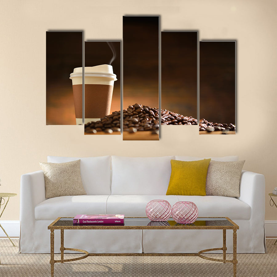 Paper cup of coffee with smoke and coffee beans Multi Panel Canvas Wall Art