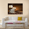 Cups of coffee with smoke and coffee beans on old wooden background Multi Panel Canvas Wall Art