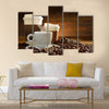 Cups of coffee with smoke and coffee beans on old wooden background Multi Panel Canvas Wall Art