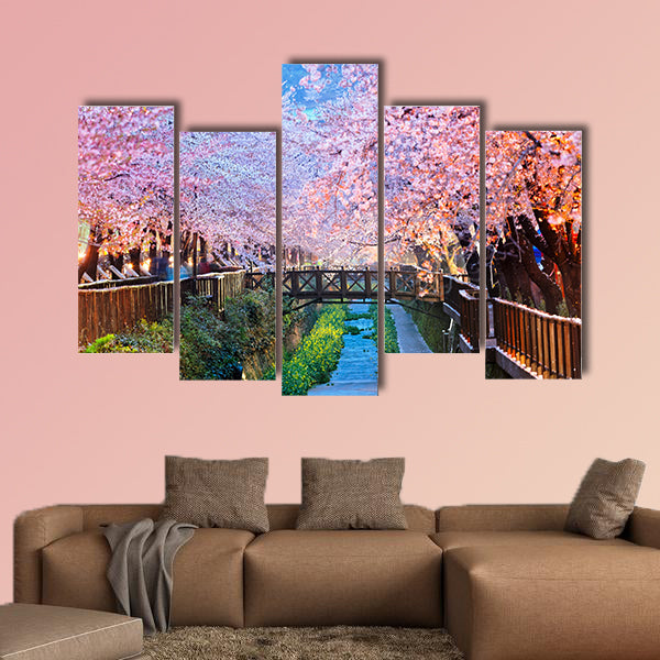Cherry blossoms at night, Busan city in South Korea multi panel canvas wall art