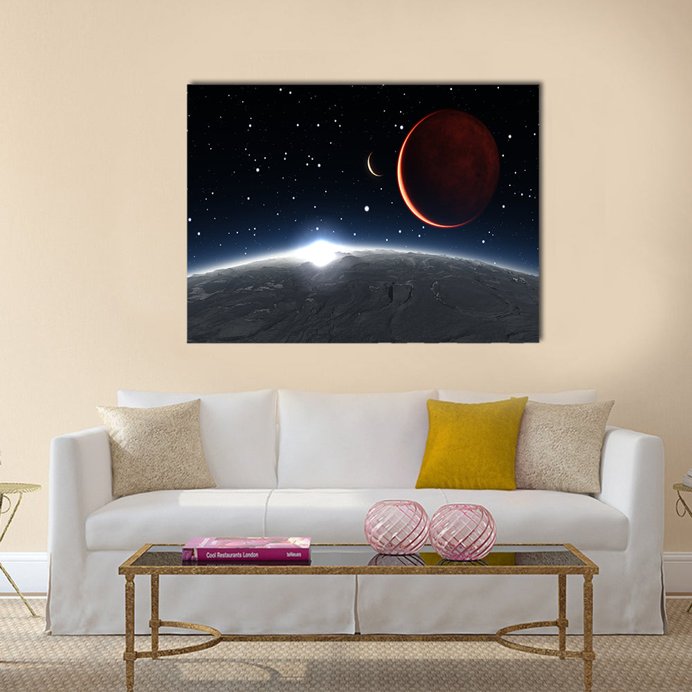Sunrise over the Phobos with red planet Mars Multi Panel Canvas Wall Art