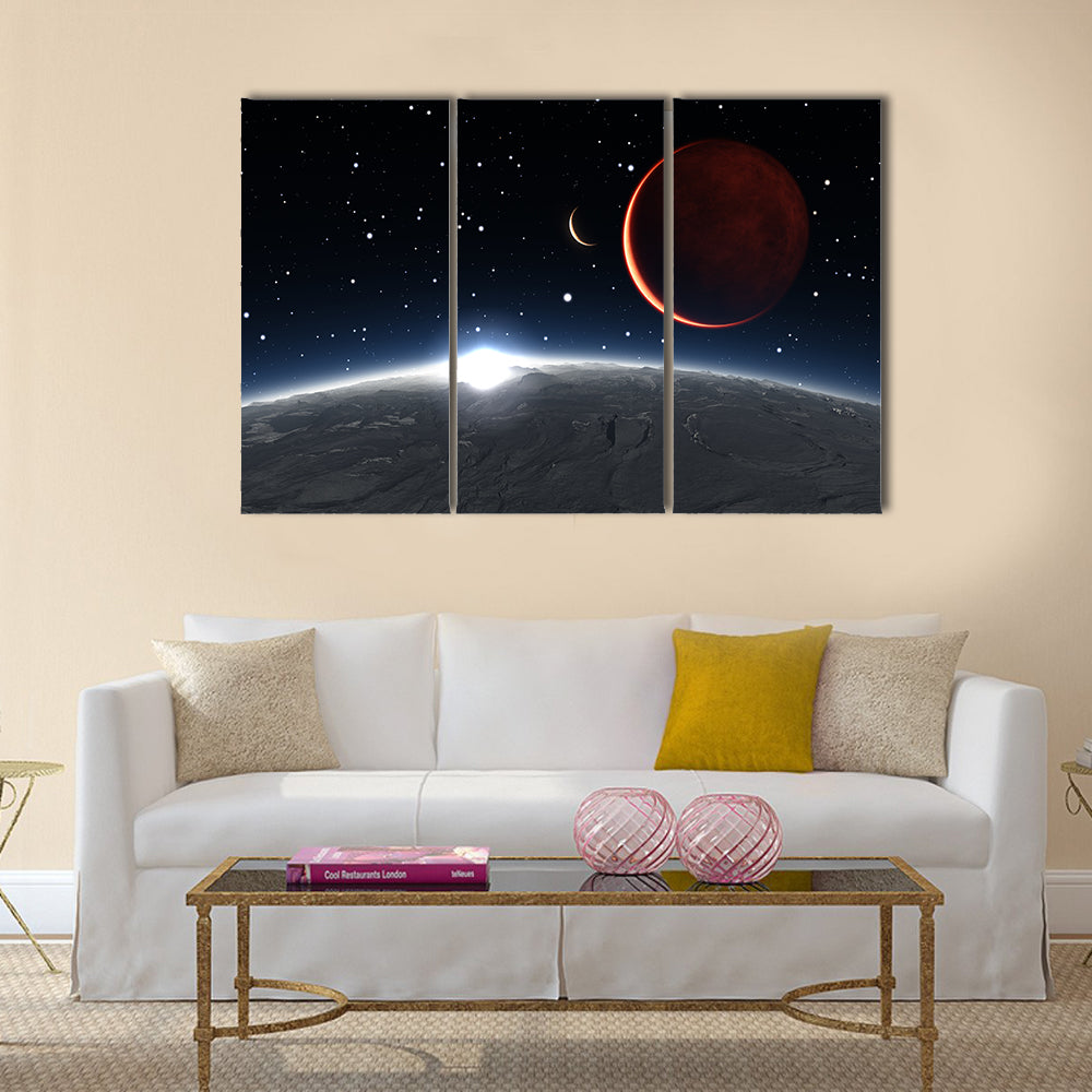 Sunrise over the Phobos with red planet Mars Multi Panel Canvas Wall Art