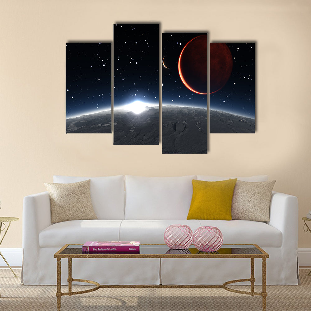 Sunrise over the Phobos with red planet Mars Multi Panel Canvas Wall Art