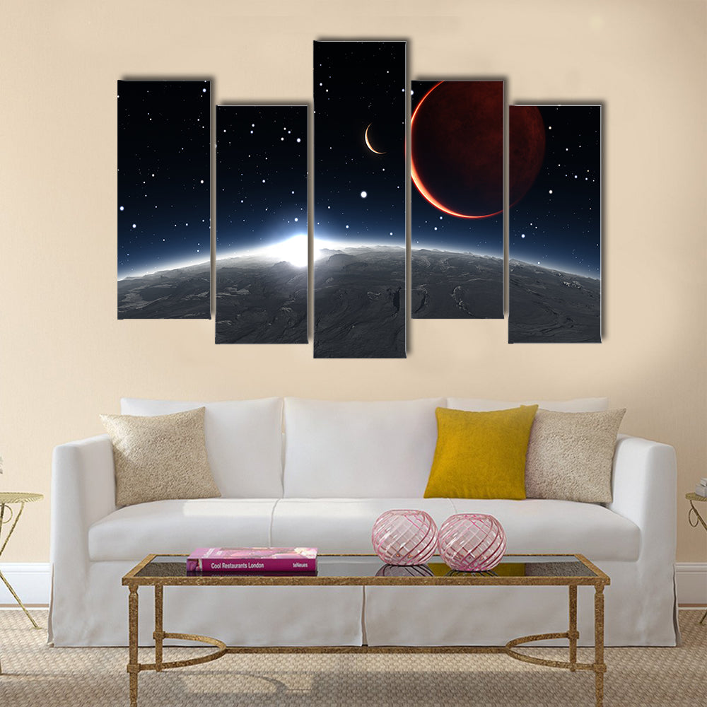 Sunrise over the Phobos with red planet Mars Multi Panel Canvas Wall Art