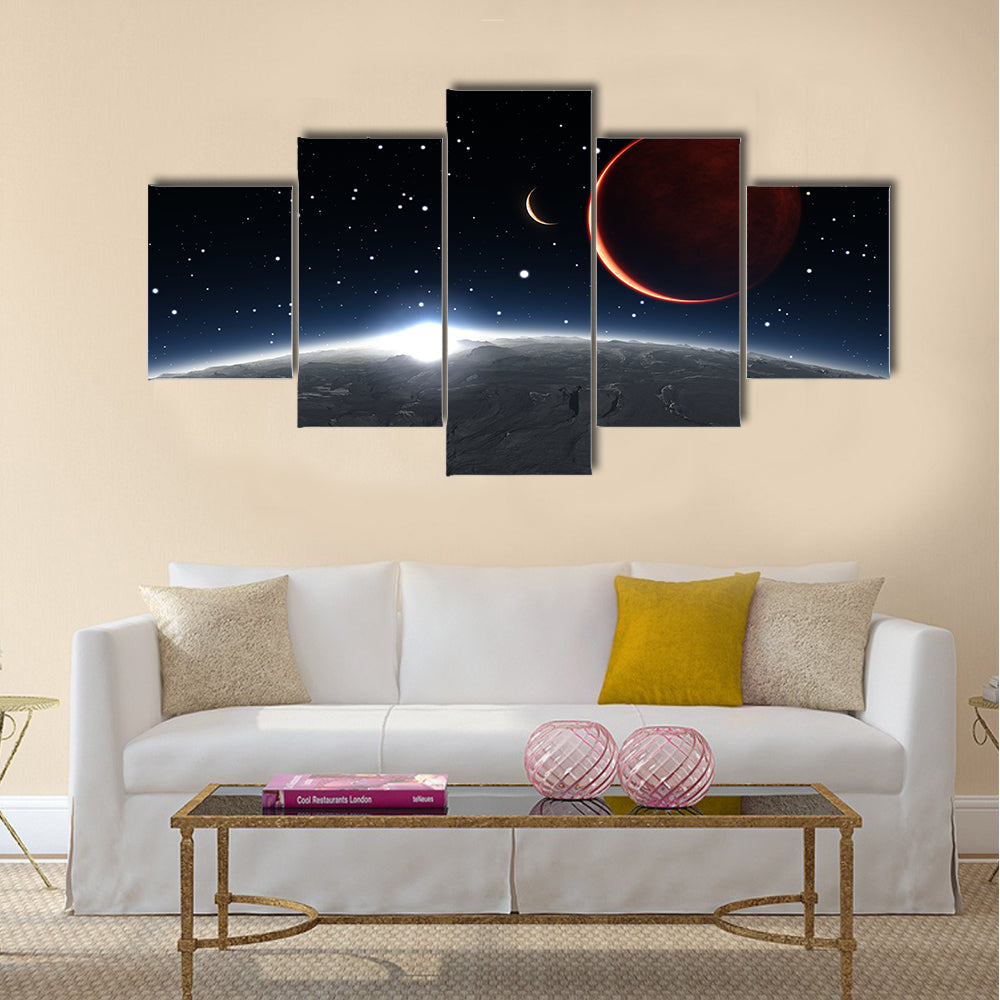 Sunrise over the Phobos with red planet Mars Multi Panel Canvas Wall Art