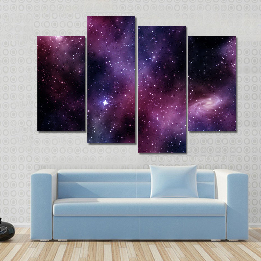 Spiral Nebula Constellation On Purple Backdrop Multi Panel Canvas Wall Art
