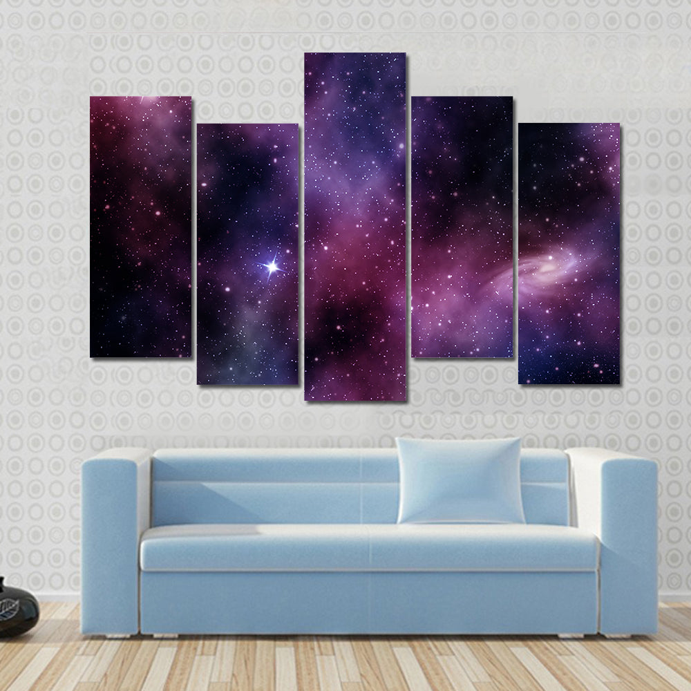 Spiral Nebula Constellation On Purple Backdrop Multi Panel Canvas Wall Art
