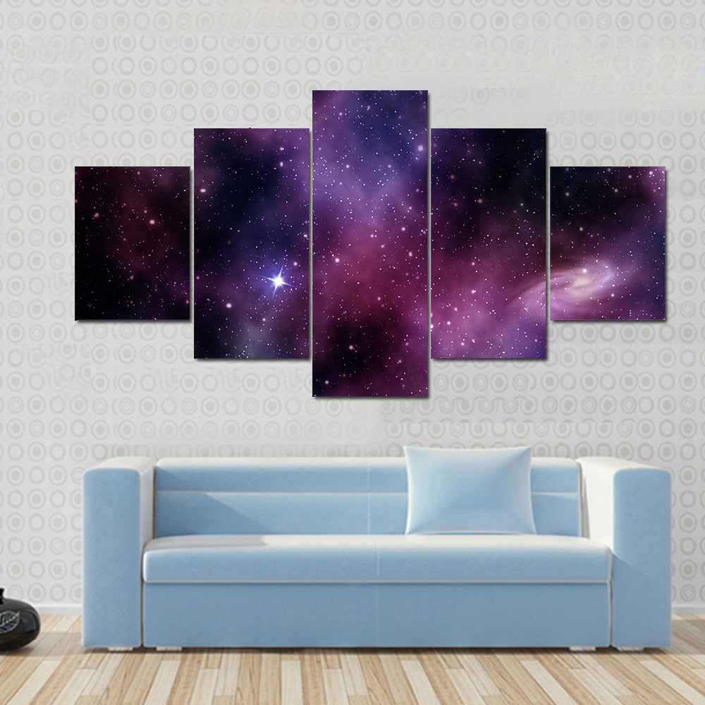 Spiral Nebula Constellation On Purple Backdrop Multi Panel Canvas Wall Art