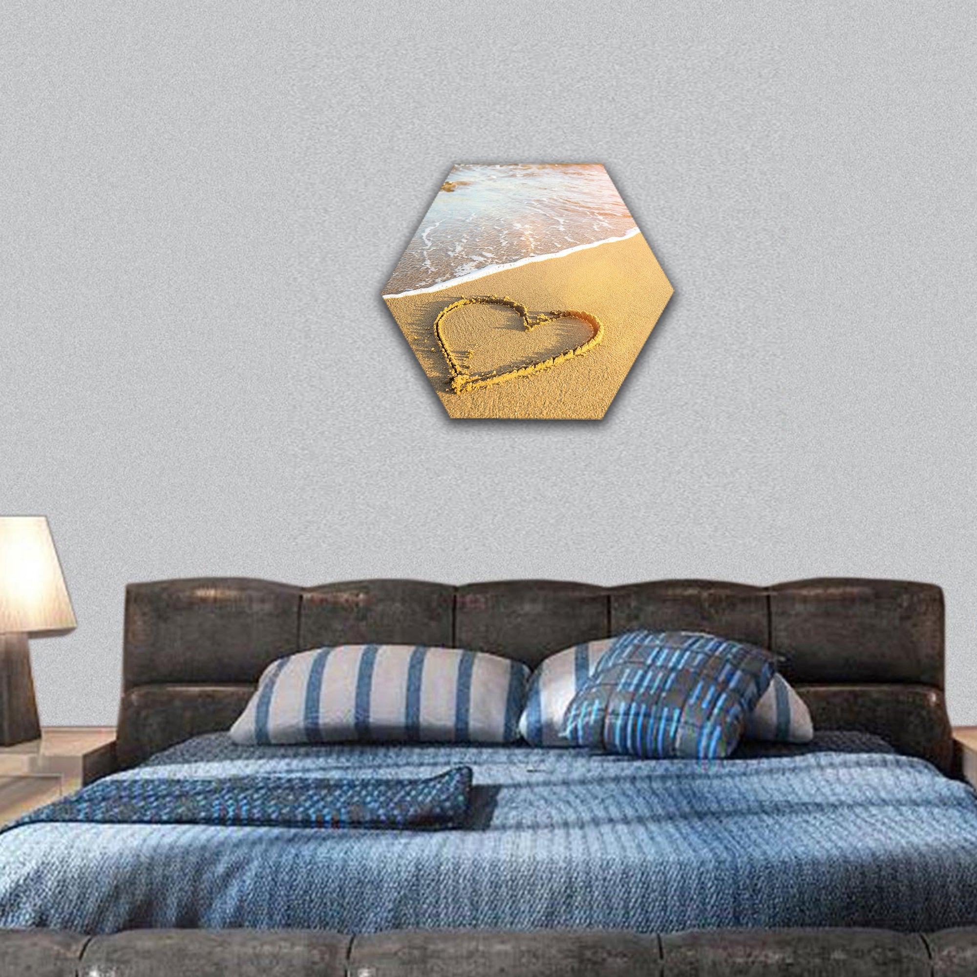 Heart drawn on the sand of a sea beach hexagonal canvas wall art