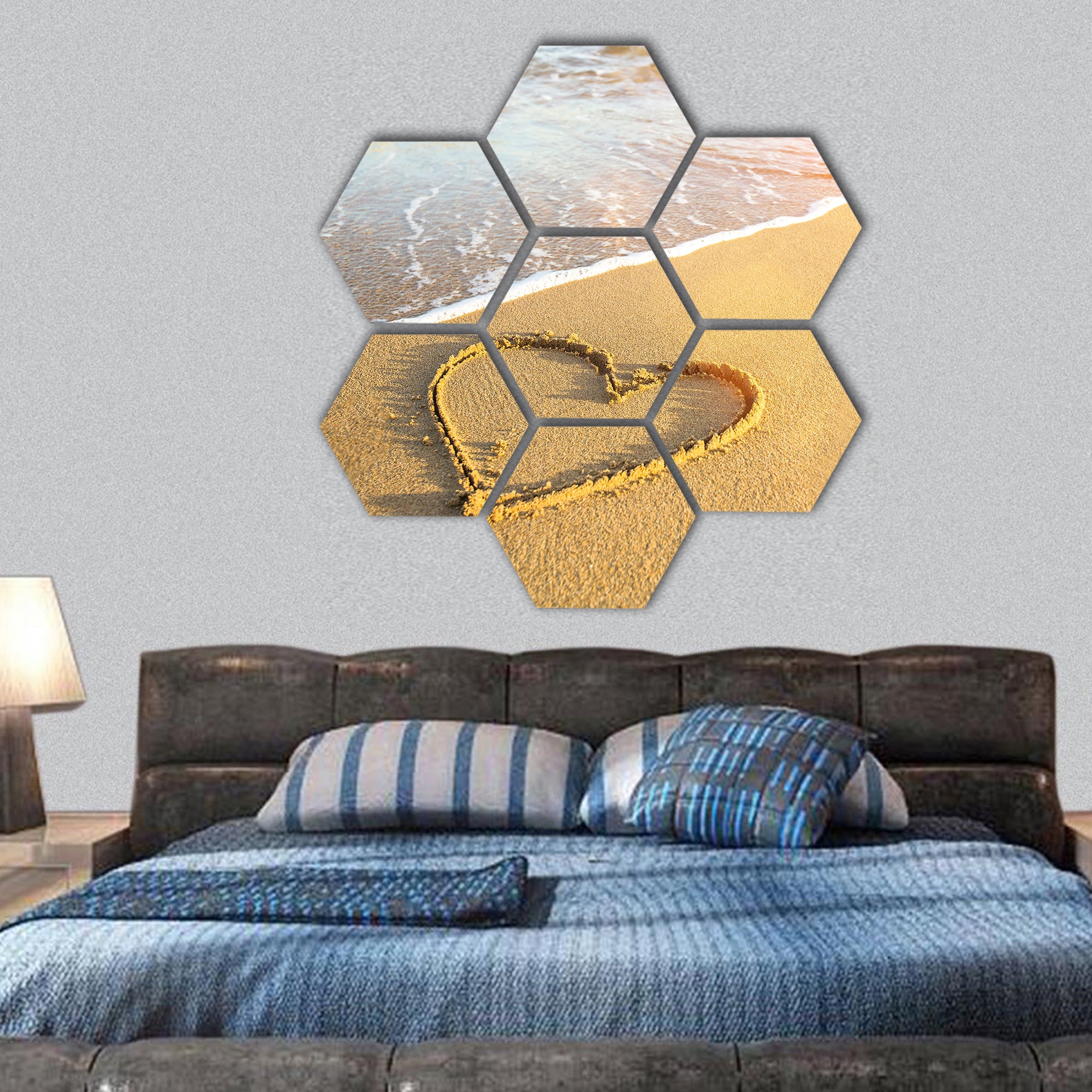 Heart drawn on the sand of a sea beach hexagonal canvas wall art
