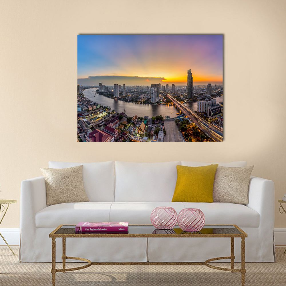 Bangkok Transportation at Dusk with Modern Business Building along the river Thailand Multi panel canvas wall art