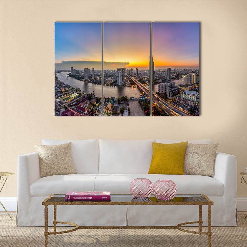 Bangkok Transportation at Dusk with Modern Business Building along the river Thailand Multi panel canvas wall art