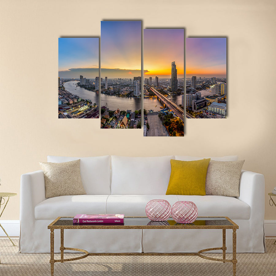 Bangkok Transportation at Dusk with Modern Business Building along the river Thailand Multi panel canvas wall art